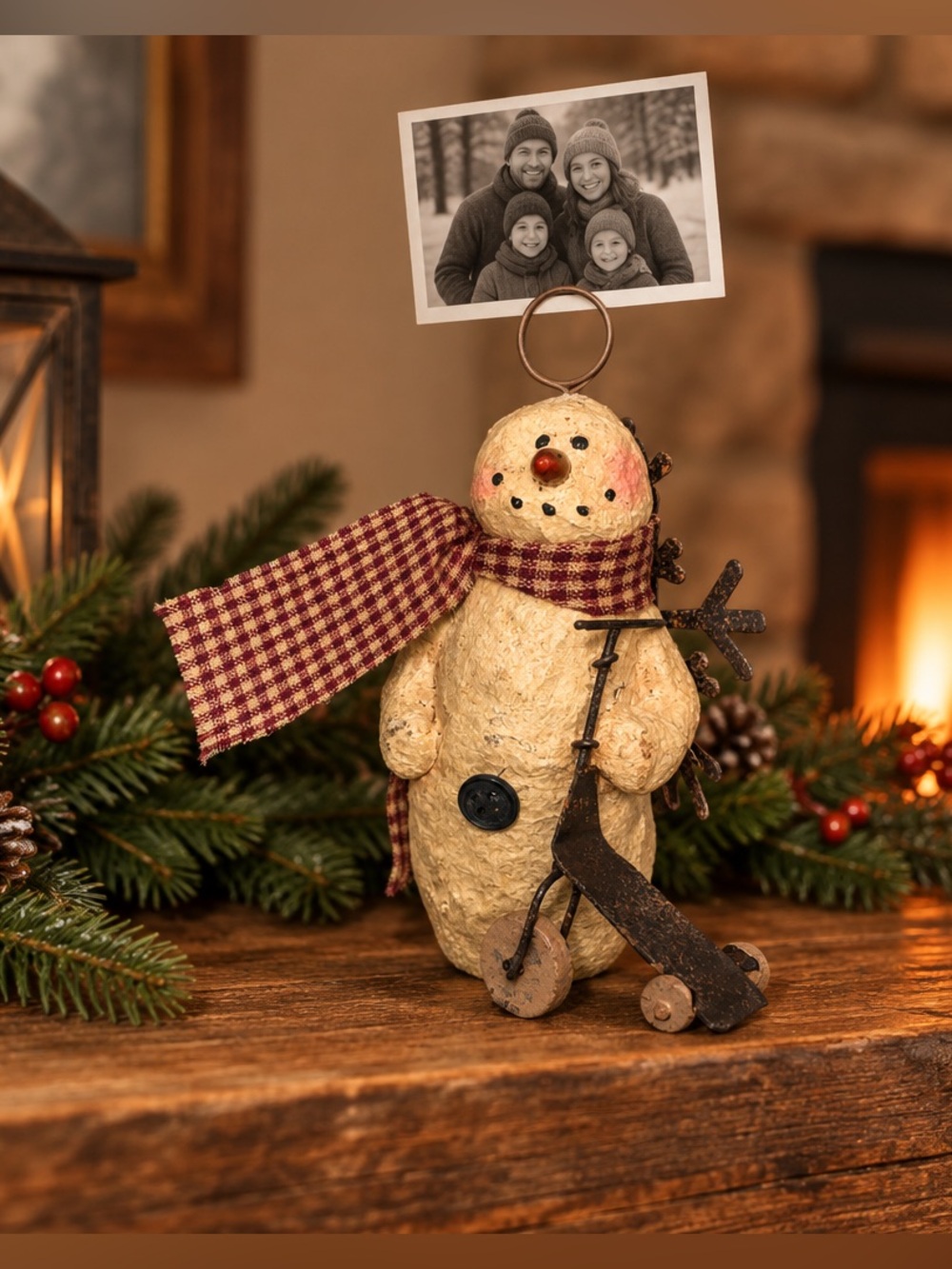Christmas Winter Snowman With Scooter Photo Holder / Hanging Ornament 4 In Tall